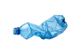 Severely compressed blue plastic bottle showing extreme deformation and crumpled texture throughout, isolated on a transparent background