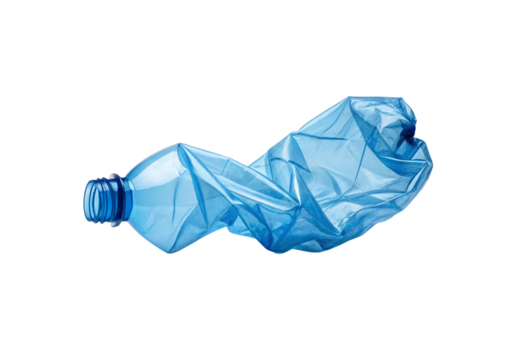 Severely compressed blue plastic bottle showing extreme deformation and crumpled texture throughout, isolated on a transparent background