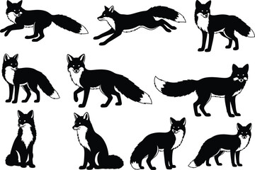 Set of fox silhouettes in various poses, walking, running, and sitting, elegant black animal vector illustration for wildlife, nature, forest, and design projects