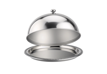 Silver serving platter with decorative rim and lifted dome cover revealing empty tray, isolated on a transparent background
