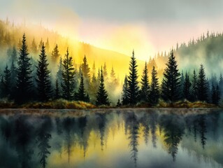 Obraz premium Watercolor painting of a forest and lake with trees and sunlight