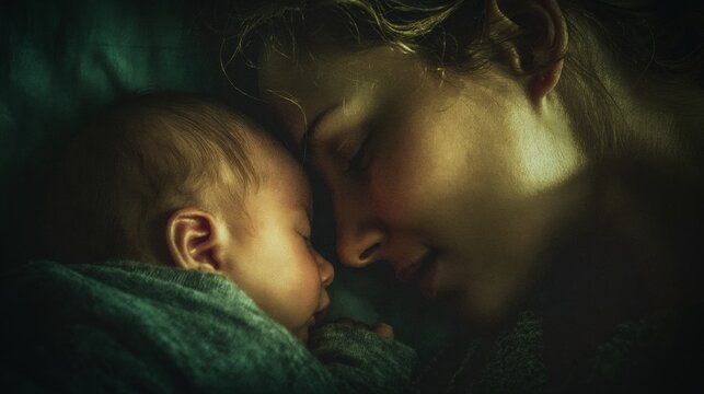 Heartfelt bond between mother and baby in cozy home environment. Blockbuster art. Subtle shifts of light enhance a mother's affectionate embrace. Cinema artwork. Action poster.