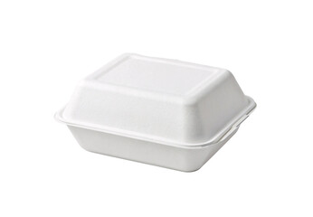 Closed white eco-friendly clamshell takeout box with hinged lid and single compartment rectangular design, isolated on a transparent background