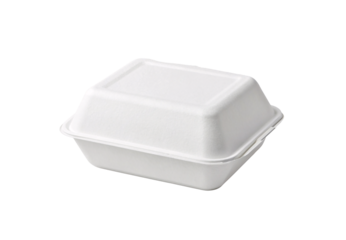 Closed white eco-friendly clamshell takeout box with hinged lid and single compartment rectangular design, isolated on a transparent background