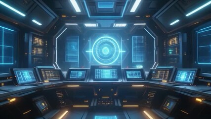Futuristic command center interior with glowing digital displays - Powered by Adobe