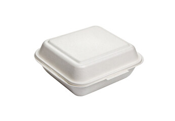 Square white compostable takeout box with domed lid and secure closure for restaurant food service, isolated on a transparent background
