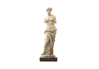 Classical marble statue depicting female figure with draped fabric and missing arms on stone pedestal, isolated on a transparent background