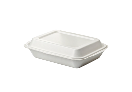White rectangular food container with fitted lid featuring shallow depth and clean minimalist sustainable packaging design, isolated on a transparent background