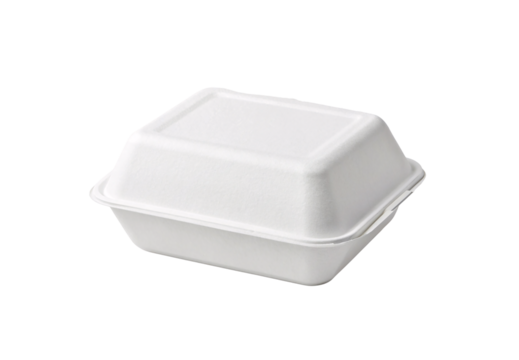 Closed white eco-friendly clamshell takeout box with hinged lid and single compartment rectangular design, isolated on a transparent background