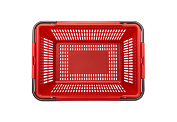 Red plastic shopping basket with gray handles showing rectangular perforated design, isolated on a transparent background