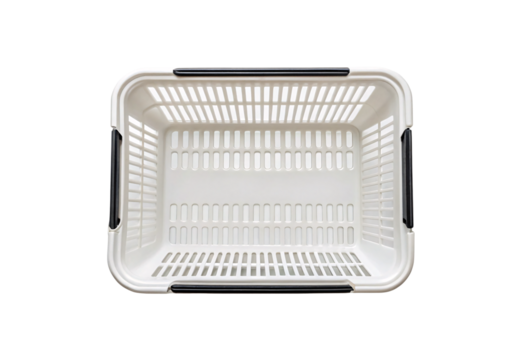 White plastic shopping basket top view displaying ergonomic grip handles and ventilation, isolated on a transparent background