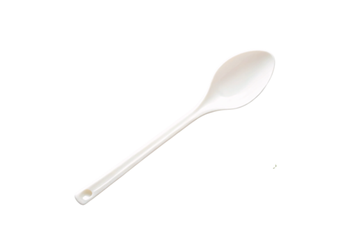 White plastic serving spoon with long handle and small hanging loop at end, isolated on a transparent background