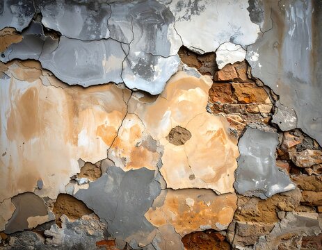 Close-up of weathered and damaged wall revealing brickwork. Colors range from grey to ochre