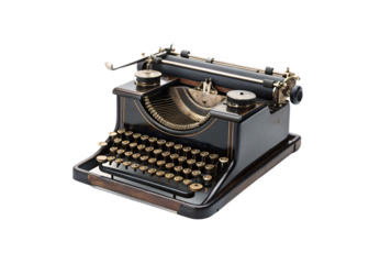 Antique black typewriter with brass keys and ornate gold detailing on body, isolated on a transparent background