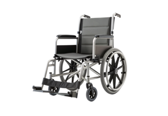Manual wheelchair with grey padded seat, silver frame, large rear wheels, small front casters, isolated on a transparent background