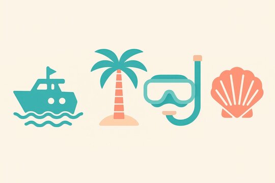Nautical adventure elements featuring a boat palm tree snorkel gear and seashell creating a tranquil beach exploration mood evoking nostalgia and wanderlust captured with clarity