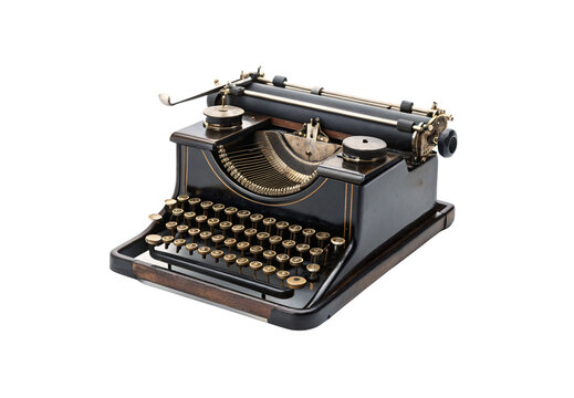 Antique black typewriter with brass keys and ornate gold detailing on body, isolated on a transparent background