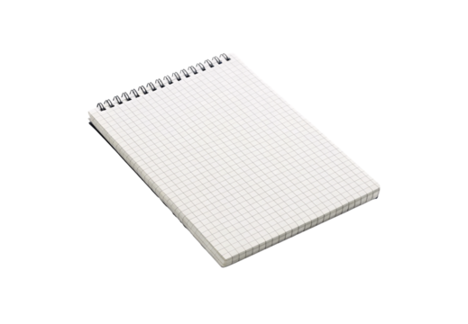 Grid paper notebook with wire spiral binding, squared ruling pattern, thick paper stack, professional stationery, isolated on a transparent background