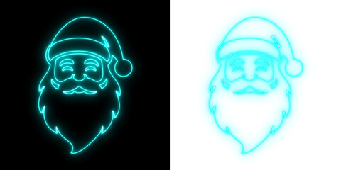Cyan Neon Santa Claus Face Outline Christmas Holiday Glow Illustration on Black and Transparent Background
