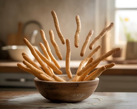 Breadsticks are flying out of a wooden bowl in a kitchen setting, creating a dynamic and appetizing scene