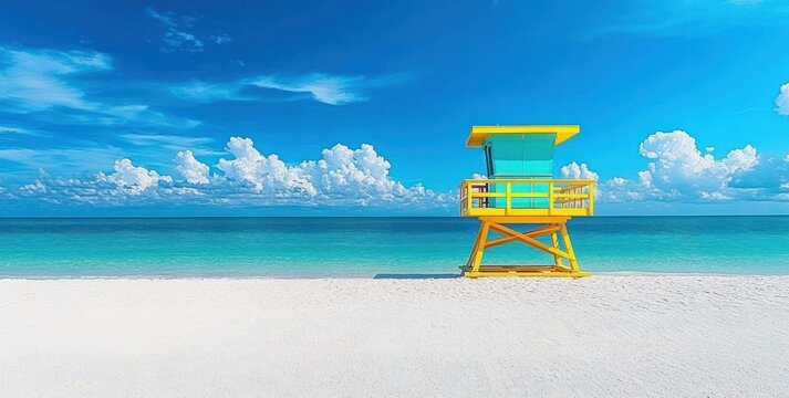 Bright yellow lifeguard tower on a pristine white sandy beach under a vibrant blue sky with scattered fluffy clouds and calm turquoise ocean waters - Powered by Adobe