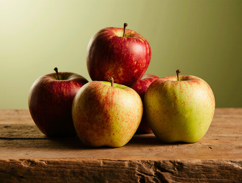 A still life arrangement of fresh apples on a rustic wooden table