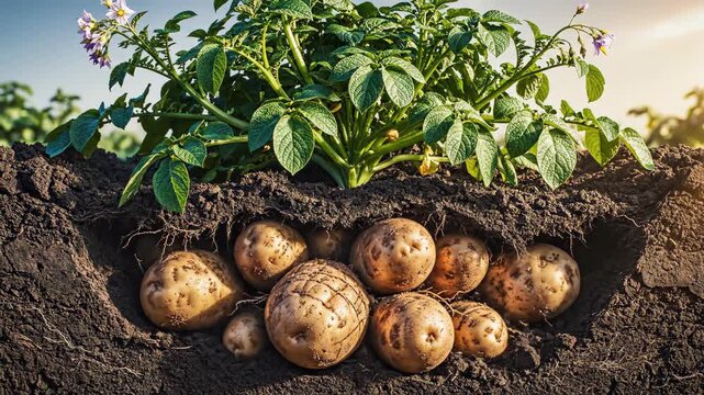 Freshly harvested potatoes with green leafy top growing in soil under sunlight.