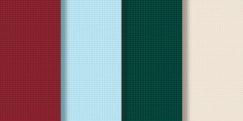 Set of seamless knitted patterns. Backgrounds in traditional Christmas colors. Cozy atmospheric knitted blanket, prints for textiles, packaging, paper, design, vector graphics