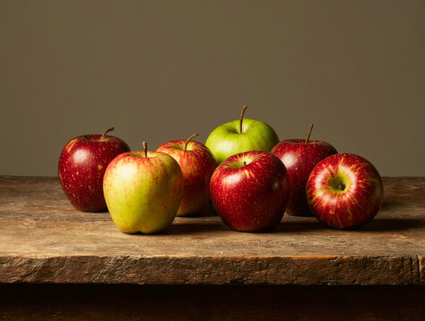Still life of fresh red and green apples on a rustic wooden table