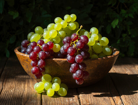 Fresh ripe green and red grapes in rustic wooden bowl on table - Powered by Adobe