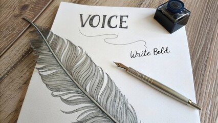 Feather pen writing the word Voice in elegant handwritten script