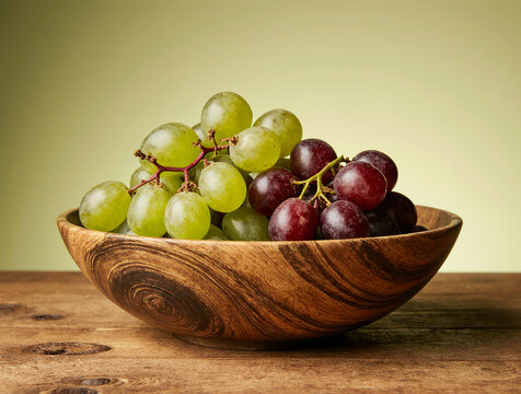 Fresh green and red grapes in a rustic wooden bowl on a table