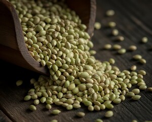Closeup of light green coriander seeds spilling from a wooden scoop onto a dark wooden surface