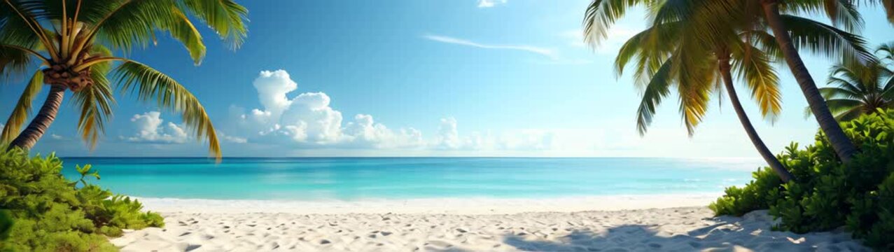 View of a beach with palm trees and the ocean