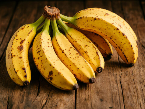 Bunch of ripe yellow bananas with brown spots on a rustic wooden surface