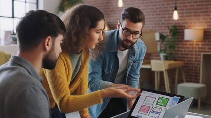 Team members collaborating over digital interface design sketches and laptop display - Powered by Adobe