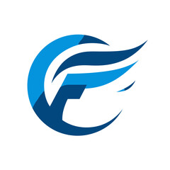 Obraz premium Modern abstract blue circular design with dynamic wing-like swoosh. Creative symbol of motion, speed, technology, and progress.