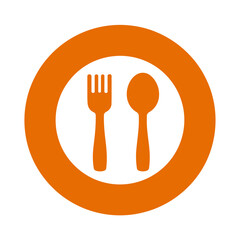 Orange circle food icon with a fork and spoon, symbolizing restaurant, dining, and meal services, isolated on white.