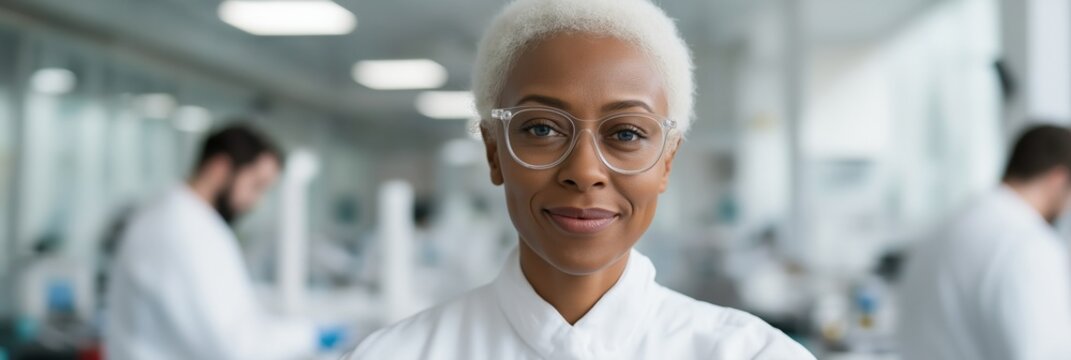African female scientist in laboratory setting with confident expression
