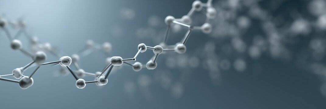Abstract molecular structure on blue background with focus on chemical bonds