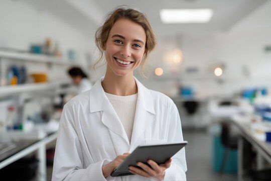 Caucasian female scientist using tablet in modern laboratory