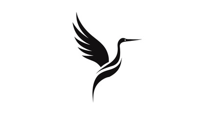 Fototapeta premium Elegant black silhouette of a flying bird, possibly a crane or heron, with graceful wings, minimalist abstract design on white background.