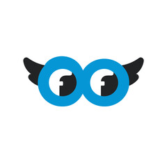 Stylized blue glasses with white F-like shapes and black wings, resembling a smart owl, graphic icon illustration
