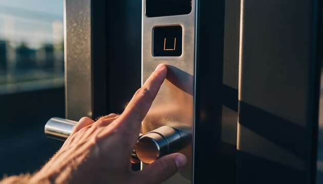 Close-up of a hand pressing a button on a metal door with a sunlit background