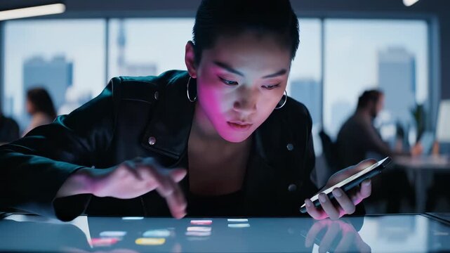 user touches touchscreen on table while holding smartphone. tablet sits near interface icons. gesture controls device through interaction. technology powers app and display in public workspace.