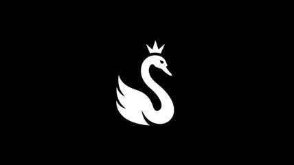 Naklejka premium Elegant white swan with a royal crown on a black background, minimalist vector illustration, majestic bird icon design