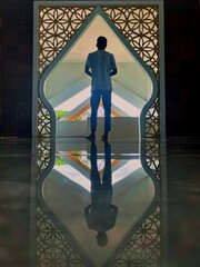 Peaceful scene of a man standing in a mosque doorway with geometric Islamic patterns and reflection on polished floor. Represents devotion, serenity, and harmony in spiritual architecture.