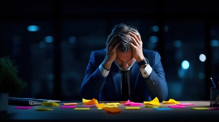 Stressed Businessman Overwhelmed with Work at Night