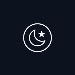 Modern night mode UI icon featuring a white crescent moon and star within a circular outline on a dark background for apps and websites
