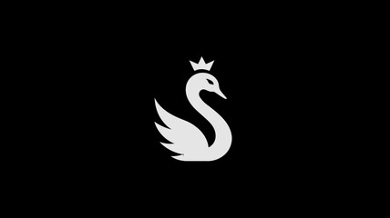 Naklejka premium Elegant royal swan with a crown, minimalist white silhouette illustration on a black background, representing majesty and sophistication.